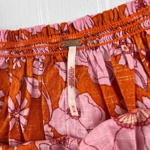 Free People Womens Floral Off Shoulder Top M Orange & Pink 100% Cotton - Picture 2 of 5